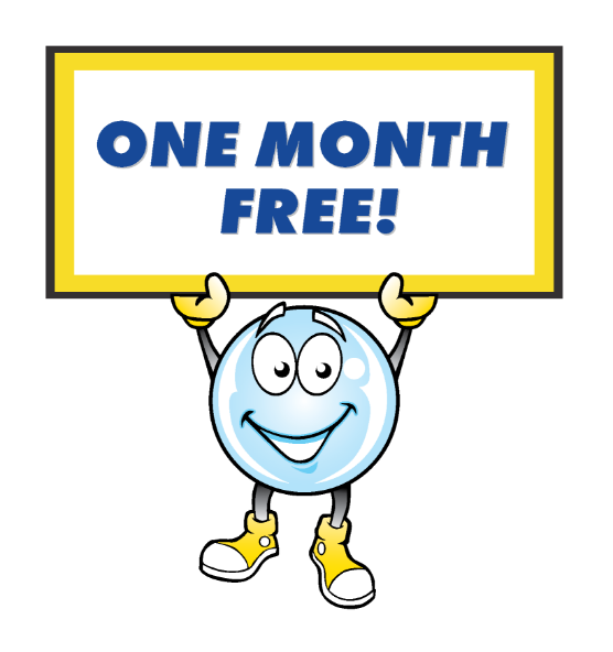 Bubble man holding one month free sign